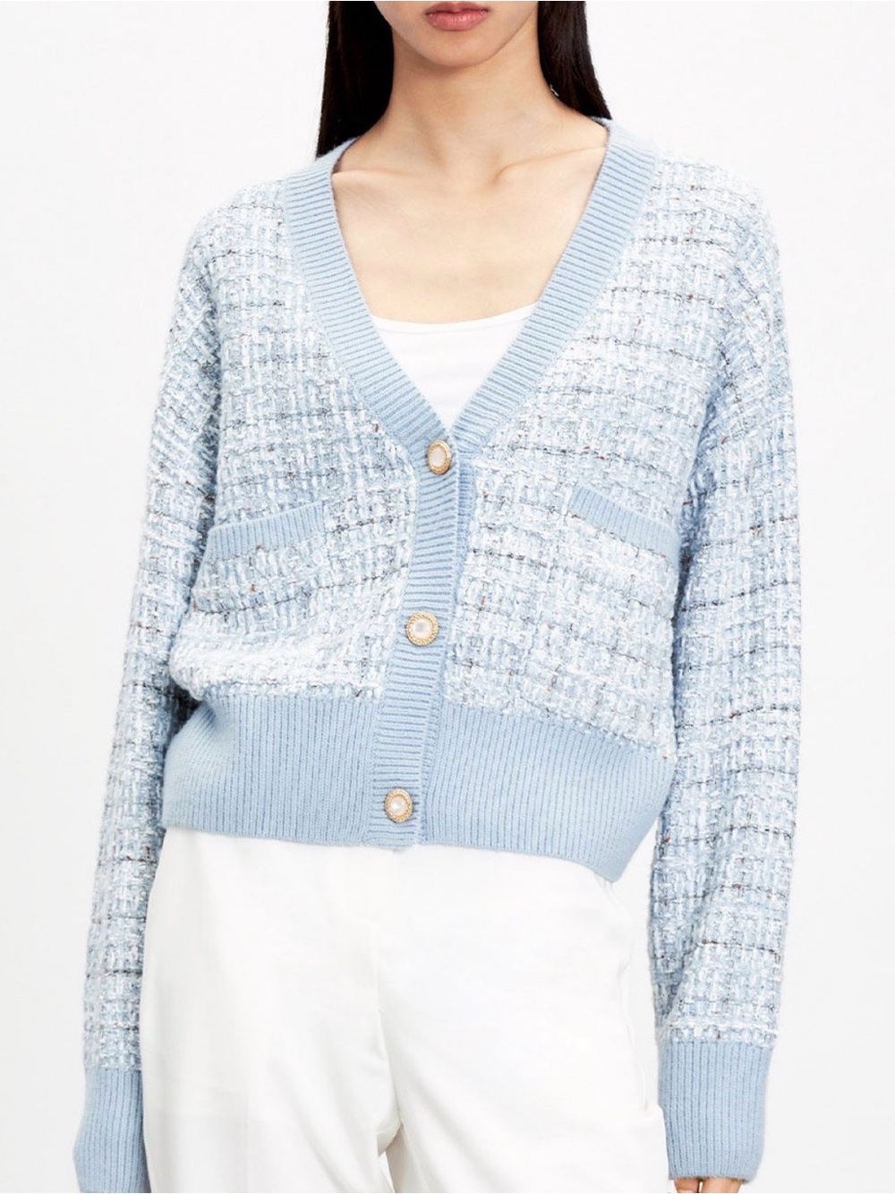Light Blue V-Neck Tweed Cardigan Sweater - Classic V-Neck